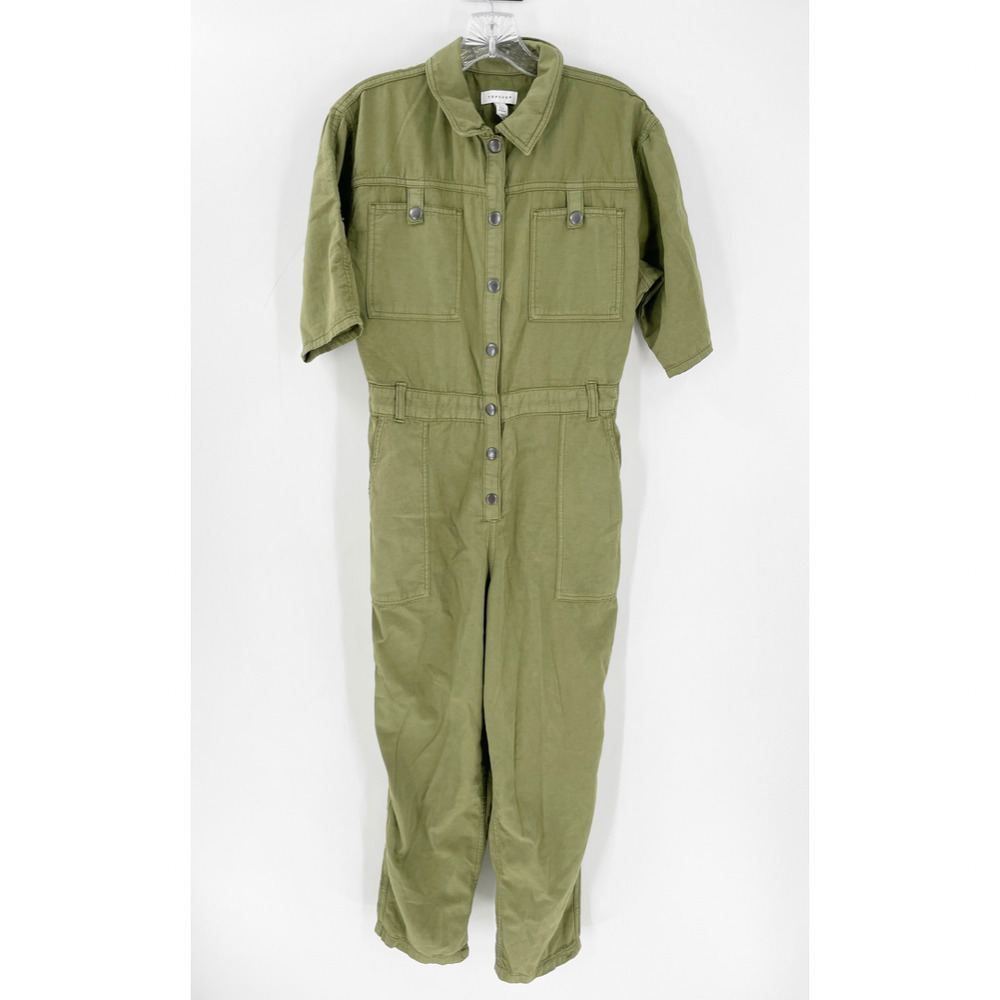 Topshop Linen Blend Button Front Jumpsuit Green